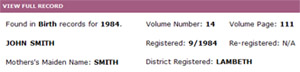 Example of a birth record from 1984